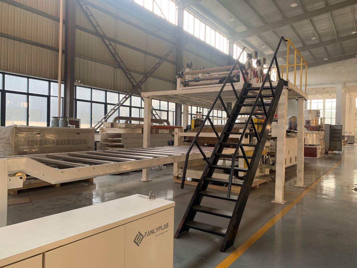 spc flooring production line cooling bracket and trimming cutter fanlyplas 1
